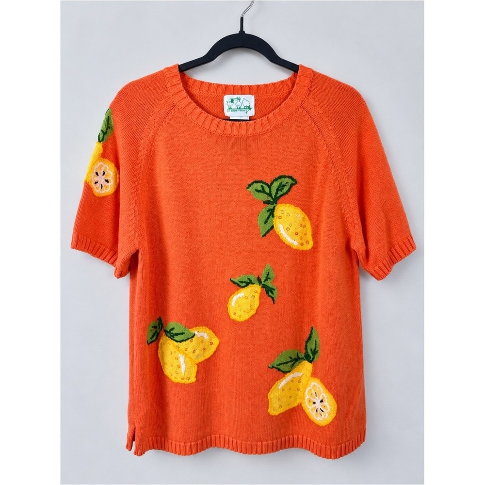 Vintage 90s Quaker Factory Lemons Embroidered Sweater Large Short Sleeve Graphic